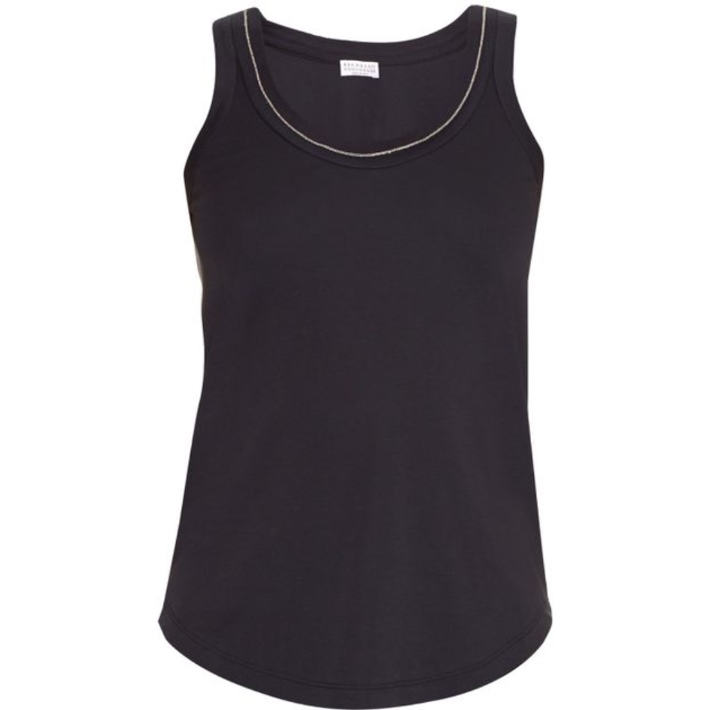 Brunello Cucinelli Navy Embellished Scoop-neck tan